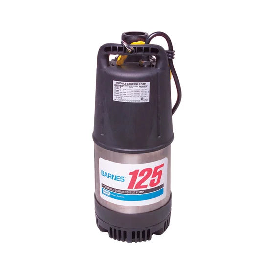 Barnes 115125, Model 125, Submersible Dewatering Pump, 1-1/4 HP, 120 Volts, 1 Phase, 2" NPT Vertical Discharge, 105 GPM Maximum, 50 ft Maximum Head, Automatic, 50 ft Cord