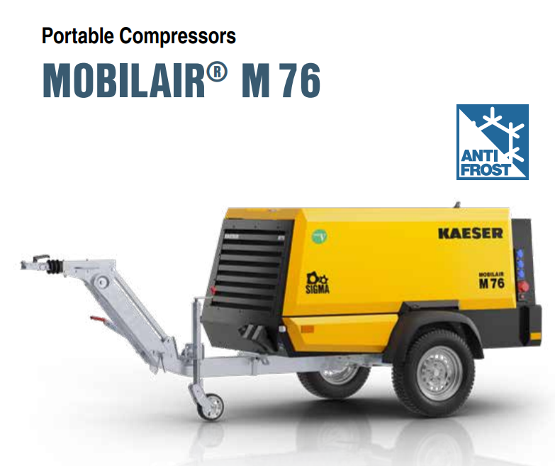 M76 Kaeser MOBILAIR® Tow Behind Portable Diesel Air Compressor (65 HP, 270 CFM, 100 PSIG, 2400 RPM, 34 Gallon Fuel Tank, Kubota V3307CR-1 Diesel Engine)