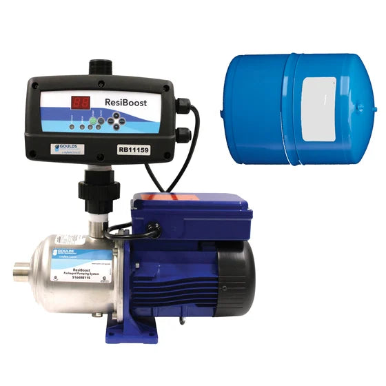 13150RB3 Goulds ResiBoost Series, Booster System with Tank, Indoor/Outdoor Controller (230V, 1 Phase Input) and e-HM Pump (1 HP, 208-230/460 Volts, 3 Phase, 1" NPT Suction, 1-1/4" NPT Discharge, 5 Stages, 23 GPM Max, 178 ft Max Head) - KG Power Systems