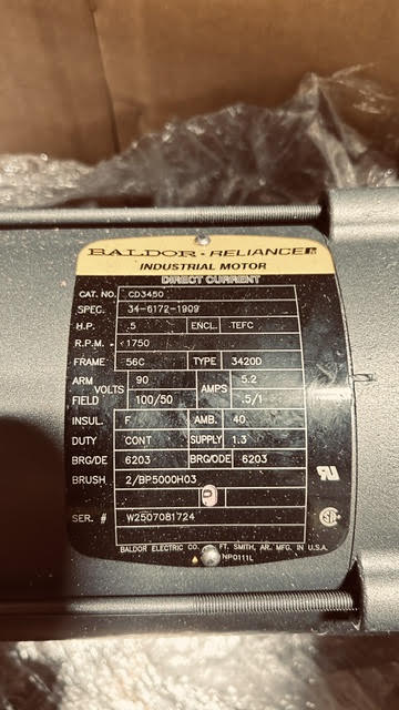 CD3450 Baldor Shunt Wound SCR Drive Motor - IN STOCK - SURPLUS ITEM (1/2 HP, 90 VDC, TEFC Enclosure, 1750 RPM)