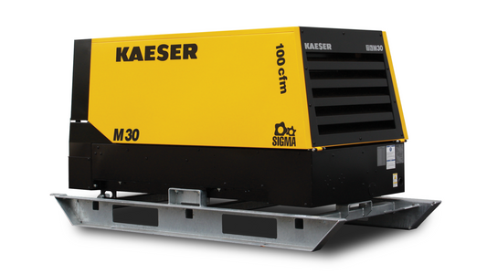 M30 Utility Mobilair Kaeser Portable Stationary Air Compressor (21 HP, 100 CFM, 100 PSIG, Kubota Diesel Engine, 2875 RPM, 10.6 Gallon Fuel Tank, 2 x 3/4" Outlet)