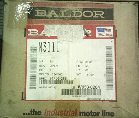 M3111 Baldor General Purpose Motor (.75 HP, 3450 RPM, 3 Phase, 60 HZ, 56 Frame, OPEN, 230/460 Volts)