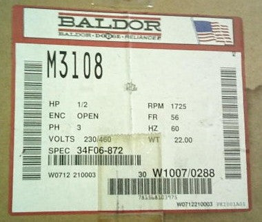 M3108 Baldor (.5HP, 1725 RPM, 3 PHASE, 60HZ, 56, 3416M, OPEN, F1, N) - KG Power Systems