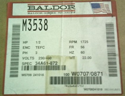 M3538  Baldor Industrial Motor, Three Phase, TEFC, 56 Frame (1/2 HP, 1800 RPM) SURPLUS