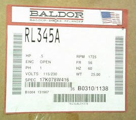 RL345A Baldor Motor (.5 HP, 1725 RPM, 1 PHASE, 60 HZ, 56, 3418L, OPEN, F1, N)