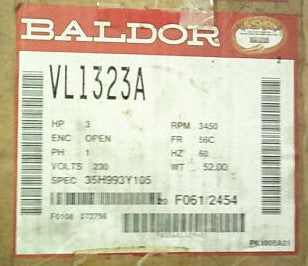 VL1323A Baldor Motor (3 HP, 3450 RPM, 1 PHASE, 60 HZ, 56C, 3535LC, OPEN, F1)