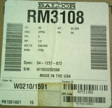 RM3108 Baldor Motor (.5 HP, 1725 RPM, 3 PHASE, 60 HZ, 56, 3416M, OPEN, F1)
