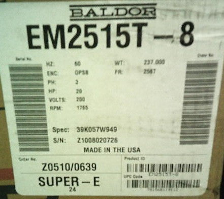 EM2515T-8 Baldor Nema Premium General Purpose Motor (20 HP, 1765 RPM, 200 Volt, 3 Phase, 60 Hz, 256T Frame, 3948M, OPSB Enclosure, F1 Mount) SURPLUS