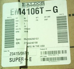 EM4106T-G Baldor (20HP, 3520 RPM, 3 Phase, 60 HZ, 256T Frame, 0936M, TEFC, F1) SURPLUS