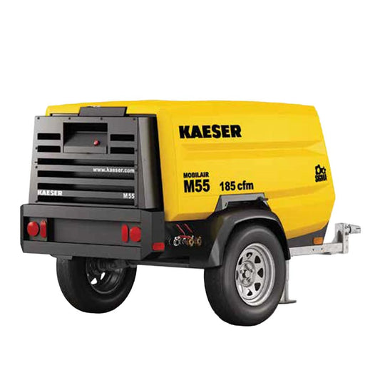 M55PE Kaeser Mobilair Towable Air Compressor (43 HP, 185 CFM, 100 PSIG, Kubota D1803CR-T Diesel Engine, 2300-2700 RPM, 21 Gallon Fuel Tank, 2 x 3/4” and 1 x 1” ports)