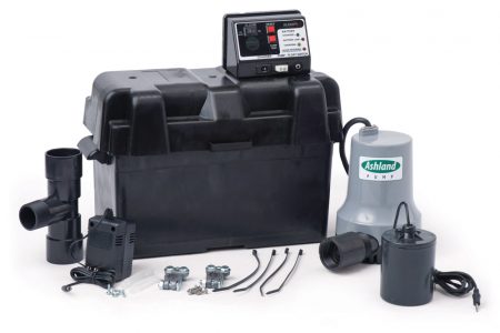 APBS Ashland Wide Angle, Thermoplastic, Battery Backup Sump Pump (1/4 HP, DC12 Volt, 1-1/4" NPT Discharge, 8' Cable, 3/16" Max Solids, 16 FLA, 104 F Max Temp, Continuous Duty, Manual Override Switch)