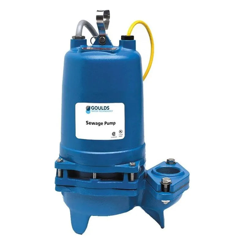 2WD52C2DA Goulds 2WD Series Submersible Non-Clog Sewage Pump, Dual Seal with Sensor Probe (1/2 HP, 200 Volts, 3 Phase, 1750 RPM, 60 Hz, 5" Impeller, 183 Max GPM, 52' Max Head, 2" NPT Flange Discharge, 22 Max PSI, 20' Cord, 2" Max Solids)